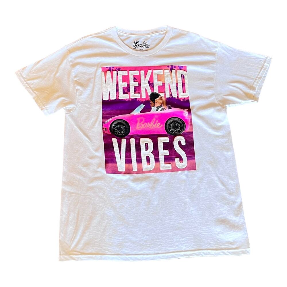 Barbie Car T SHIRT Large Weekend Vibes Puff Letters 100% Cotton Tee Mattel NWOT